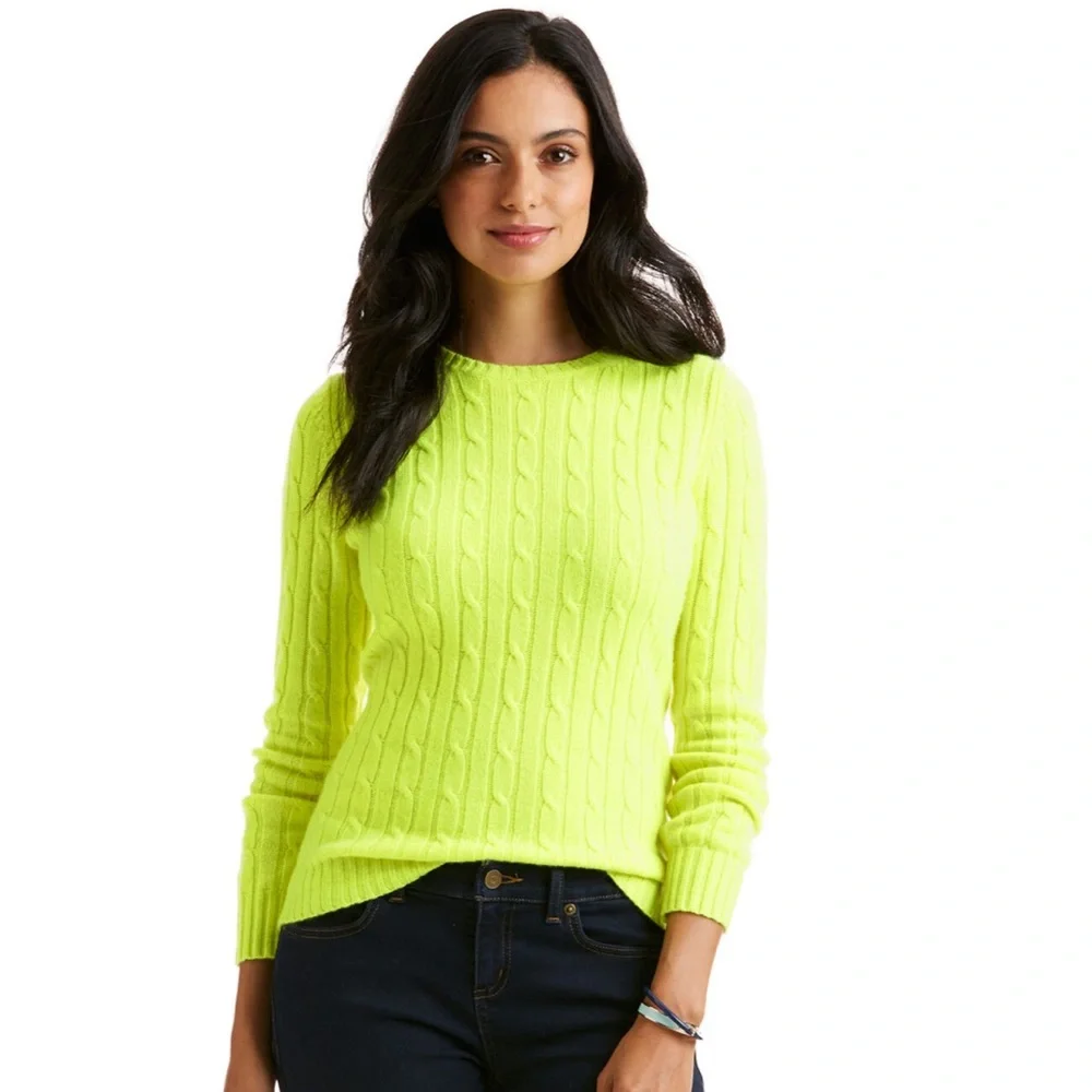 Vineyard Vines Cashmere Coral Lane Cable knit Crew Neck Sweater Bright Citron - Picture 1 of 11